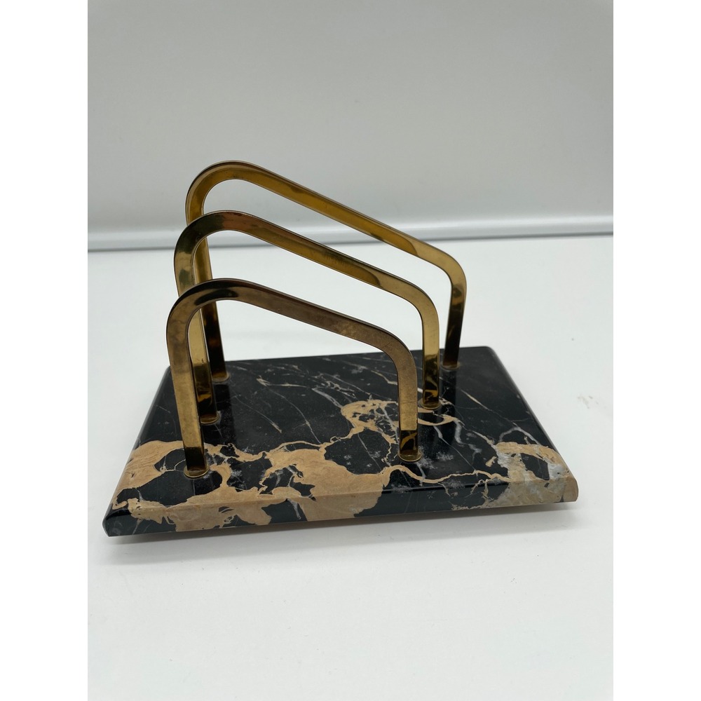 Vintage Black Portoro Marble and Brass Letter Holder Desk Organizer Mail Sorter